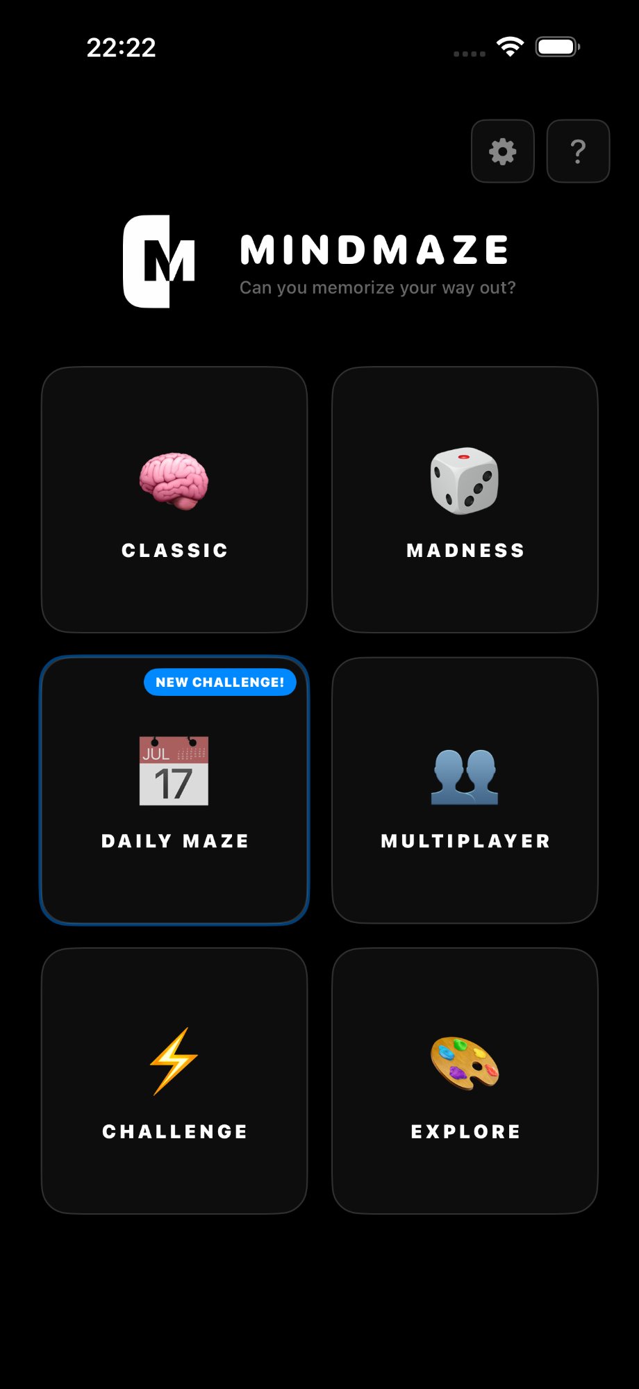 MindMaze home screen